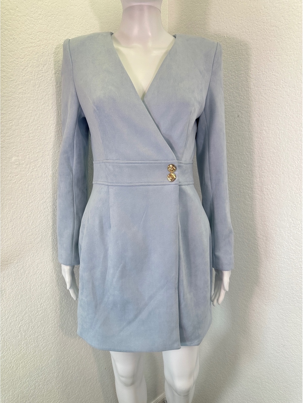 Women’s Sz 6 Peace + Love Light Blue Faux Suede Wrap Mini Dress Corpcore Office